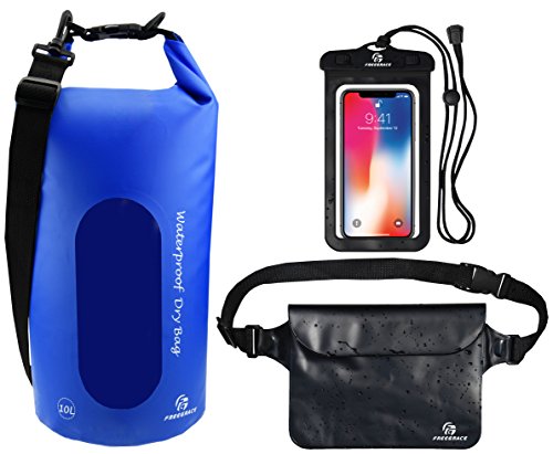 Freegrace Waterproof Dry Bag Set of 3 - Submersible Dry Sack with Double Zip Lock Seals - Includes Waist Pouch & Phone Case - Perfect for Kayaking, Swimming, Boating & Rafting (Window), 10L - color: Navy Blue, size: 10L, style: Window