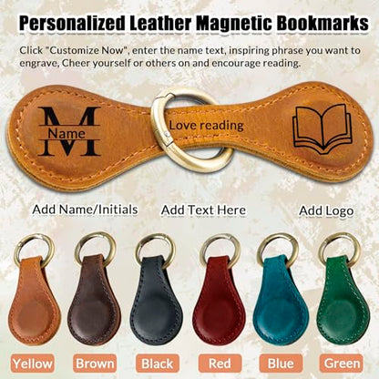 Personalized Magnetic Leather Bookmarks, Custom Magnetic Leather Bookmark with Logo Text, Magnetic Bookmarks for Women, Gift for Reader, Book Lover, Men, Women, Friend, Birthday (Bookmark with Ring) - color: Bookmark With Ring