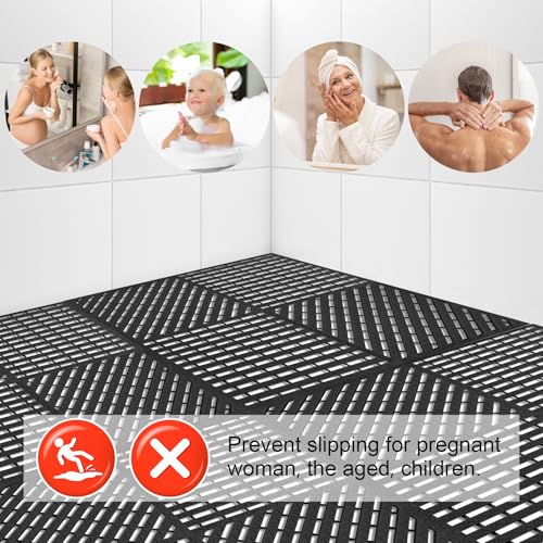 MYFAMIREA Modular Interlocking Cushion 12 Pack 11.8" x 11.8" Rubber Floor Tiles Non-Slip Splicing Drainage Mats for Deck, Pool, Shower, Patio, Balcony, Bathroom, Kitchen, Yard (Diagonal, Black) - size: 12 PCS-Diagonal