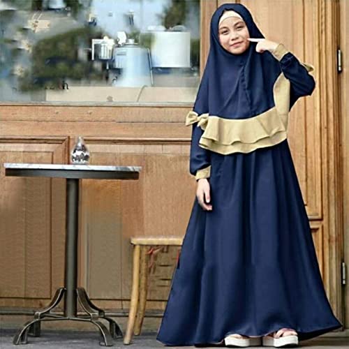 Kids Prayer Dress Muslim Clothes Outfits for Toddler Girls Long Sleeve Abaya with Hijab Two Piece Maxi Islamic Set - color: Blue, size: 2-3T