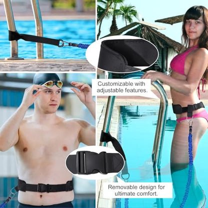 Swimming Training Belt 8-25FT Adjustable Swimming Resistance Belt, Stationary Harness for Any Pool Without Counter Current System - color: Blue