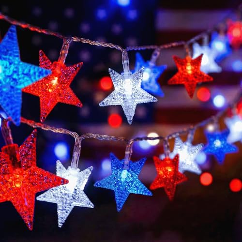 ITICdecor 7월 4일 장식 레드 화이트 블루 스타 스트링 조명, 4.6m(15피트) 30개의 LED 요정 조명 배터리 작동 실내 및 실외 별 조명 독립 기념일 대통령의 날 현충일 - color: 레드 화이트 블루, size: Star