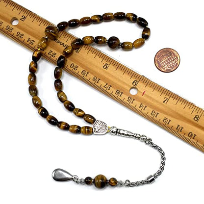 Design -Tiger Eye Stone Series Worry Beads - Prayer Beads (8 mm-33 Beads) Tesbih-Tasbih-Tasbeeh-Misbaha-Masbaha-Subha-Sebha-Sibha-Rosary (-Oval Cut Drop Model 6x9 mm-) - color: -Oval Cut Drop Model 6x9 mm-