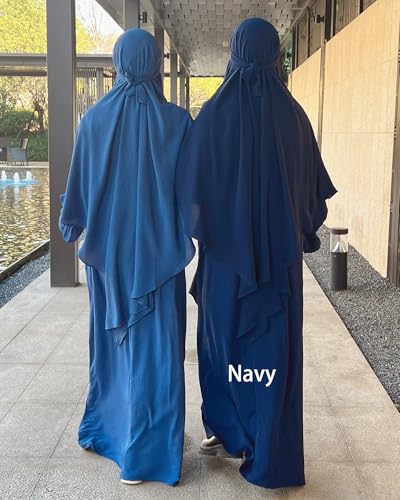 Muslim Prayer Abaya Islamic Women's Khimar Pure Color Hijab Dress Long Sleeve Dubai Kaftan - color: Darkbluehijab