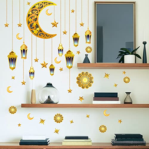 Ramadan Decorations Wall Stickers,Islamic Muslim Wall Art Decals,Eid Mubarak Ramadan Decor Lantern Moon Star Window Clings for Home Living Room Bedroom Decorations Wallpaper (Style3) - color: Style3