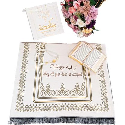 IEF Personalized Embroidered Prayer Rug Prayer Beads Yaseen Dua Book Quran Islamic Gift Set Ramadan Eid Hajj Umrah Wedding Birthday Mother's Day Father's Day Valentine's Day Gifts (Beige) - color: Beige