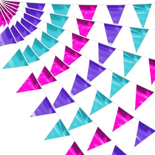 4P LightBlue Purple Rosered Party Decorations - Metallic Fabric Triangle Pennant Banner Flags - Indoor/Outdoor Bunting Garland for Birthday, Wedding, Graduation & Theme Parties - color: Lightblue Purple Rosered