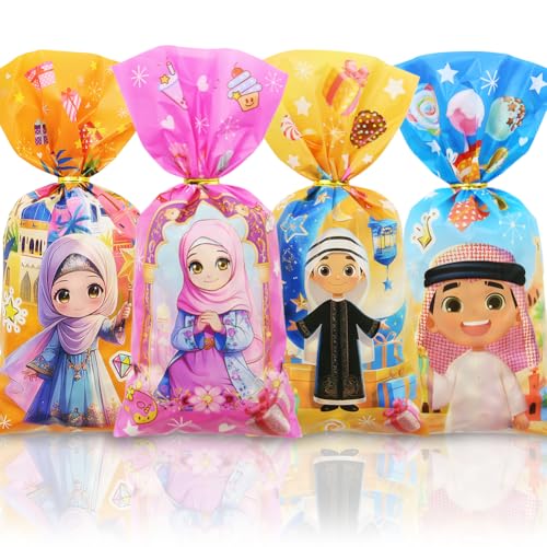 Eid Mubarak Cellophane Treat, Lovely Muslim Ramadan Decorations Cartoon Print Goodie Bags Candy Cellophane Goody Favor Gift Bags for Kids Boys Girls, Muslim Islamic Eid Iftar Diwali Party Supplies