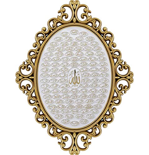Modefa Luxury Turkish Islamic Decor - Elegant Wall Hanging Art Plaque Frame - Ramadan or Eid Gift - Intricate Arabic Calligraphy 11 x 15in (Gold & White - 99 Names of Allah) - color: Gold & White - 99 Names of Allah