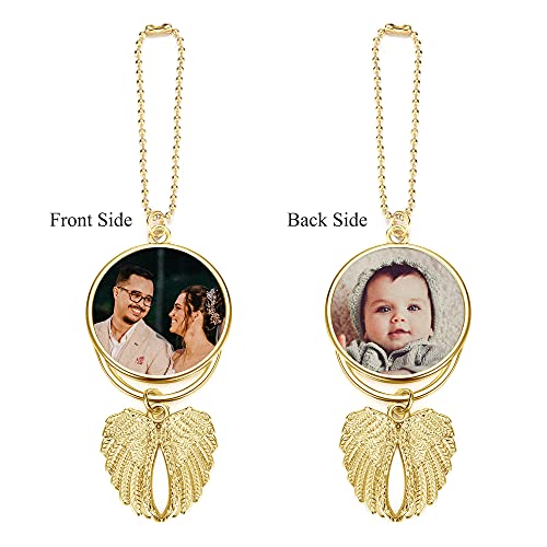 PiercingJ Custom Photo Rearview Mirror Car Charm Double Side Picture Engraving Car Hanging Ornament Angel Wing Car Charm Gift for Men Women Gold - color: Gold-1 Pc