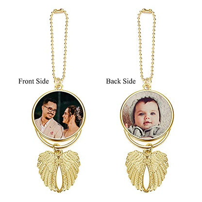 PiercingJ Custom Photo Rearview Mirror Car Charm Double Side Picture Engraving Car Hanging Ornament Angel Wing Car Charm Gift for Men Women Gold - color: Gold-1 Pc