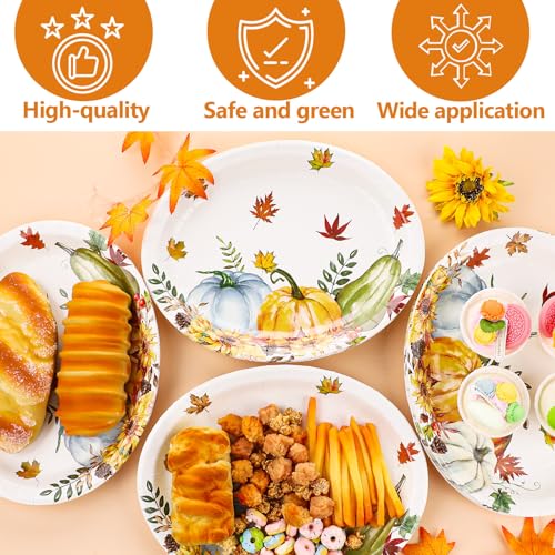 Qyeahkj 가을 추수감사절 타원형 종이 접시 50개, 대형 27.9cm(11인치) 일회용 가을 나뭇잎 파티 장식, 수채화 블루 호박 용품, 수확 디너 서빙 접시, 파티 식기 세트 - style: 낙엽