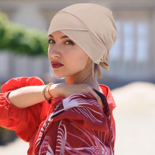4 Pcs Satin Lined Muslim Inner Hijab Cap for Women Cross Tie Back Hijab Undercap Inner Underscarf Turban Hat - color: Cross Purple Light Grey Flesh Pink Beige