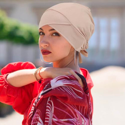 4 Pcs Satin Lined Muslim Inner Hijab Cap for Women Cross Tie Back Hijab Undercap Inner Underscarf Turban Hat - color: Cross Purple Light Grey Flesh Pink Beige