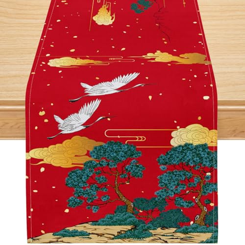 Chinese Landscape Table Runner,Japanese Crane Pine Clouds Mountains, Traditional Red Gold Asian Style Cotton Linen Tabletop Decor for Dining Room Wedding Festival – 13x36 Inch - color: Red Gold Green Crane, size: 13x36inch