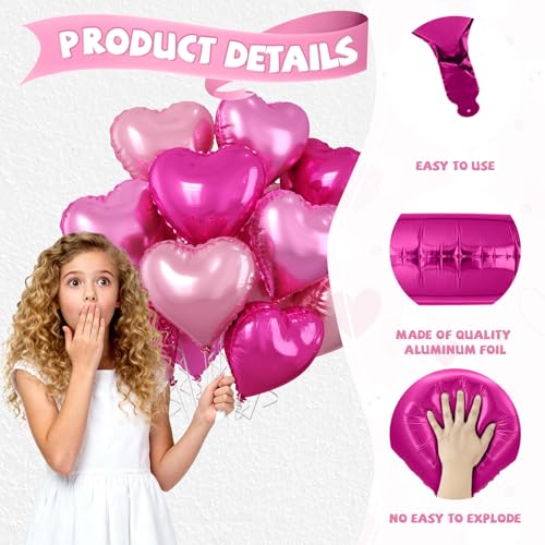 Hot Pink Heart Balloons, 10PCS Rose Foil for Girls Birthday Valentine Party - color: Hot Pink Light Pink