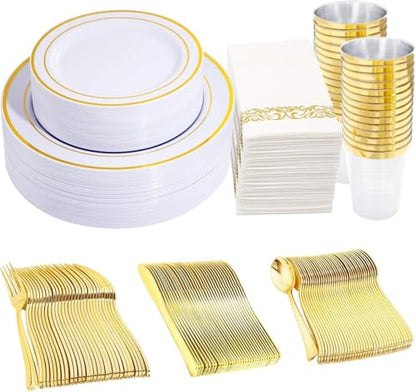 350 Pieces White and Gold Plastic Plates - 50 Guest Dinnerware Set Include 100 Plates, 50 Gold Plastic Silverware, 50 Paper Napkins and 50 Cups for Wedding/Baby Shower/Spring/Birthday/Mother's Day - color: Gold - Modern, size: 350
