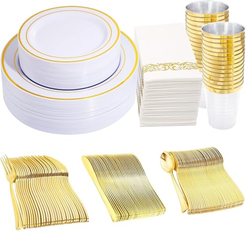 350 Pieces White and Gold Plastic Plates - 50 Guest Dinnerware Set Include 100 Plates, 50 Gold Plastic Silverware, 50 Paper Napkins and 50 Cups for Wedding/Baby Shower/Birthday/Party - color: Gold - Modern, size: 350