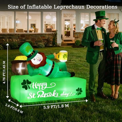 Lewondr 5.9FT St Patricks Day Inflatable Outdoor Decorations, Inflatable Leprechaun Lay on the Bed with Shamrocks, Blow up Yard Decoration with 6 Build-in Lights for Holiday Party Yard Lawn Garden - style: Leprechaun