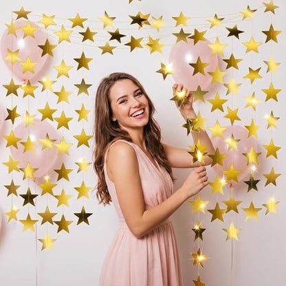78 Feet Gold Star Garland, Double-Sided Gold Stars Garland with Elegant Star-Shaped Lace, Hanging Bunting Decorations for Birthday Wedding Christmas Ramadan Party Supplies