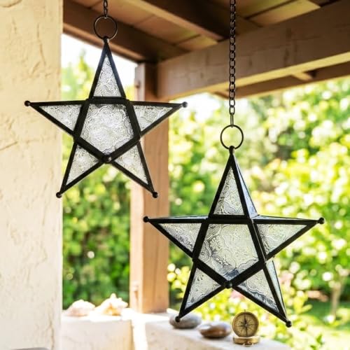 VELA LANTERNS Set of 2 Decorative Hanging Star Candle Lanterns – Moroccan Style Clear Glass & Metal Tealight Holders for Indoor, Outdoor, Patio, and Home Decor - color: Clear