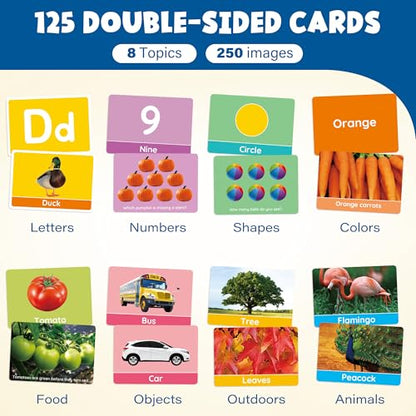 BenBen Flash Cards for Toddlers, Extra Thick, 250 Images, Double-Sided Educational Flashcards, Alphabet, Number, Animal, Shape, Color, Preschool Learning Activities, Gift for Kids 1 2 3 4 Years