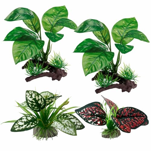 Moonorange Reptile Artificial Plants, Terrarium Plants Decorations Supplies, Aquarium Fish Tank Plant, Amphibian Habitat Hideout Tank Accessories (M Set-4pcs/G) - color: M Set-g-4
