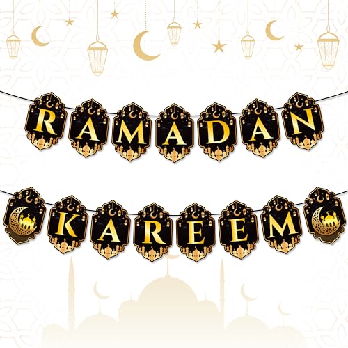 WATINC 2pcs Ramadan Kareem Banner Eid Mubarak Decoration, Ramadan Mubarak Hanging Banners Decor, No DIY Needed Eid Al-Fitr Party Favor Supplies Hang Bunting for Home Tree Fireplace Wall 10 Feet - color: Black Gold