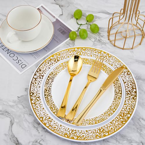 210 Count Gold Plastic Dinnerware, Gold Disposable Plates, Includes: 30 Dinner & 30 Dessert Plates & 30 Cups & 30 Paper Napkins & 30 Plastic Silverware Set -for Thanksgiving, Christmas, Parties - color: Gold