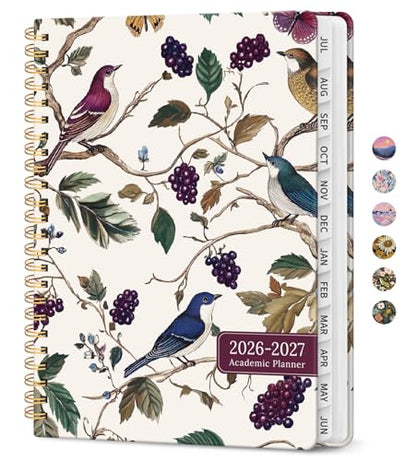 Planner 2026–2027, Academic Monthly Weekly Spiral Calendar, July 2026 – June 2027, Hardcover Agenda Notebook with Tabs, 6.3" x 8.5", Perfect for Students, Teachers, School & Daily Planning - Vineyard Birds - color: K-Vineyard Birds, size: (6.3"x8.5")a5