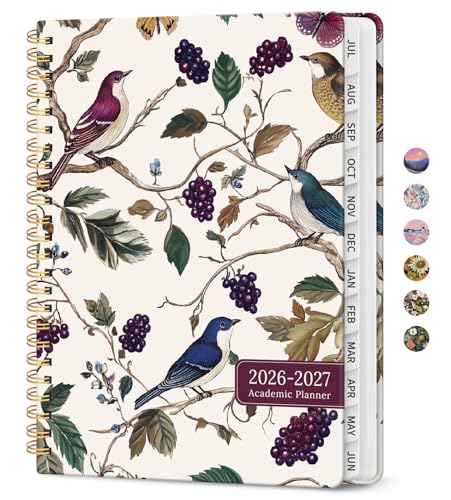 Planner 2026–2027, Academic Monthly Weekly Spiral Calendar, July 2026 – June 2027, Hardcover Agenda Notebook with Tabs, 6.3" x 8.5", Perfect for Students, Teachers, School & Daily Planning - Vineyard Birds - color: K-Vineyard Birds, size: (6.3"x8.5")a5