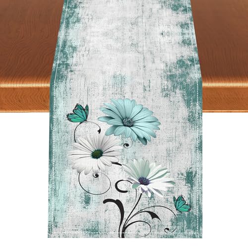 Spring Daisy Table Runner, Retro Rustic Seasonal Farmhouse Daisy Flower Vintage Country Kitchen Dining Table Scarf for Kitchen Living Room Home Party Decor 13"x36" - color: Tr-daisy05, size: 13x36" Table Runner