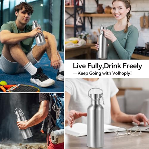 Volhoply 32oz Uninsulated Single Walled Water Bottle, Stainless Steel Sports Water Bottles with Handle, BPA Free Lightweight Water Bottles for Hiking, Biking, Running（Silver,1） - color: silver