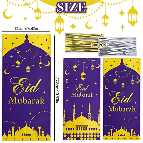 Whaline 150Pcs Eid Mubarak Cellophane Candy Bags Purple Eid Ramadan Castle Cello Plastic Bags with 200Pcs Silver Gold Twist Tie Muslim Theme Goody Treat Bags for Party Favor Supplies, 3 Designs