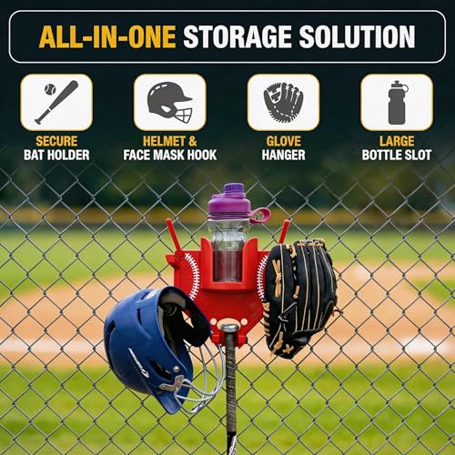 Baseball Softball Dugout Organizer - Fence-Mounted Hanging Holder for Bat Glove Helmet & Water Bottles - with Secure Clips - Heavy-Duty PLA 3D Print, Keeps Dugout Neat & Accessible - color: Black