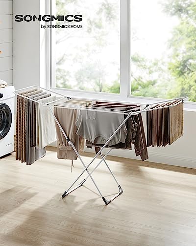 SONGMICS Clothes Drying Rack, Metal Laundry Drying Rack, Foldable, Space-Saving, Free-Standing Airer, with 2 Gullwings, Indoor Outdoor Use, Bed Linen Clothing, White ULLR540W01 - color: White, style: 2 Gullwings（19.7"D)