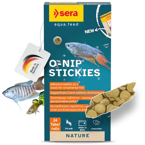 Sera O-Nip Stickies 24 Tabs 0.6 oz | Complete Feed for All Ornamental Fish | Adhesive Tablets Stick to The Aquarium Glass | High Protein | No Dyes & Preservatives | with Bloodworms, Krill & Tubifex - size: 0.6 Ounce (Pack of 1)