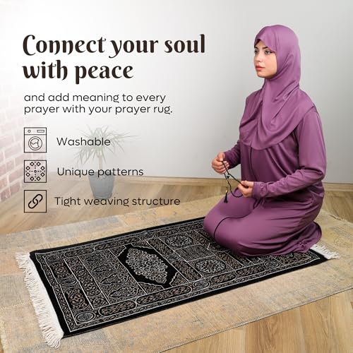 Mihrab Islamic Prayer Rug, Arabesque Velvet Janamaz and Sajadah | Geometric Motif, Black Prayer Mat with Gold Accents and Fringes, Elegant Turkish Namaz Rug for Men Women, 27 x 43 In - color: Black Kaaba Door