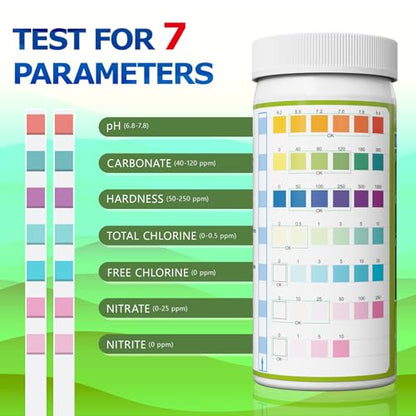 Aquarium Test Strips Fish Tank Pond Water Testing Kit (7-Way) | 150 Fish Bowl Tester Strips for Freshwater Saltwater - Rapid Accurate Easy to Test pH, Hardness, Nitrate, Nitrite and More