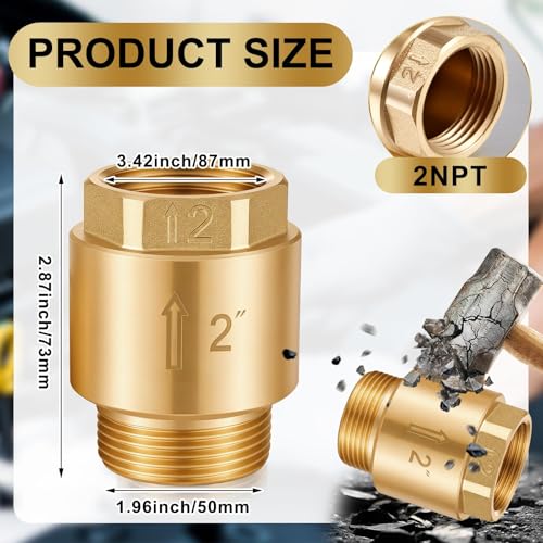 Zonon 2 Pcs 2 Inch Check Valve One Way Brass Non Return in Line Check Valve with Backflow Prevention NPT Male in FNPT out for Garden Hose Well Pumps Irrigation Systems Chemical Industry - size: 2 Inch