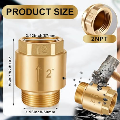 Zonon 2 Pcs 2 Inch Check Valve One Way Brass Non Return in Line Check Valve with Backflow Prevention NPT Male in FNPT out for Garden Hose Well Pumps Irrigation Systems Chemical Industry - size: 2 Inch