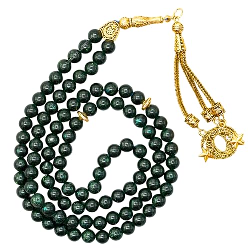 Amazing Gemstone Crystal Tasbeeh with Moon and Star Charm - Certified Crystal Muslim Prayer Beads Natural Gemstone Tasbih Gift for Ramadan Dhikr and Daily Namaz (G) - color: Green Goldstone