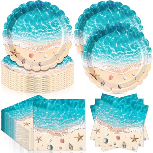 Funnymoom 96 Pcs Summer Beach Plates and Napkin Ocean Wave Party Supplies Disposable Cake Paper Plates Napkin Tableware Set for Hawaiian Luau Holiday Birthday Tropical Pool Party Decoration - style: Beach