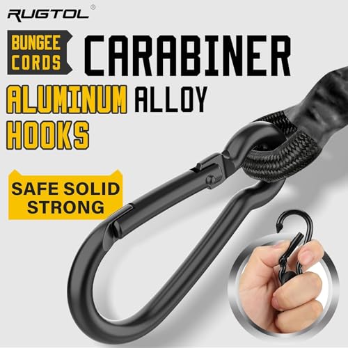 Rugtol Bungee Cords with Hooks, 12 Inch Long Heavy Duty Bungee Cords with Carabiner Clip Outdoor, 1/3 Inch Black Extra Strong Elastic Rope with Carabiner Hooks for Camping, Tarps, Bike, Tent, 6 Pack - size: 12"- 6 pcs