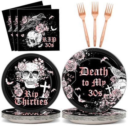 Qyeahkj 100 Pcs 40th Birthday Party Supplies Death to My 30s Paper Plates and Napkins Set Black Rose Gold Rip to My 30s Disposable Tableware Decorations for Women Thirties Funeral Youth Serve 25 Guest - style: 40th Birthday