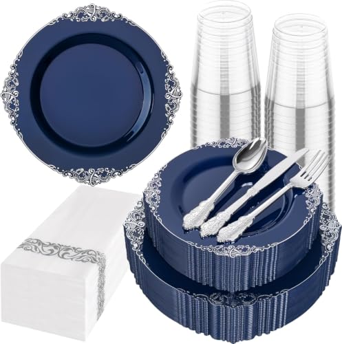 Hioasis 175pcs Blue and Silver Plastic Plates 10.25" - color: Blue and Silver