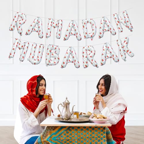 White Watermelon Ramadan Mubarak Foil Letter Balloons | Ramadan Palestine Themed Decoration by My Salah Mat Official Web Store - style: Ramadan Foil Balloons (White)