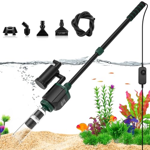 AQQA 6-in-1 Aquarium Gravel Cleaner, 600GPH Adjustable Flow Aquarium Vacuum | Electric DC Fish Tank Cleaner, Extendable Length, Supports Changing Water, Washing Sand, Water Filtering and Circulation
