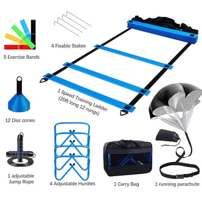 Haootadiy Agility Training Equipment, Football Training Equipment Includes 20FT Agility Ladder,4 Adjustable Agility Hurdles, 12 Football Cones, Parachute, for Training Soccer Basketball Athletes - color: BLUE
