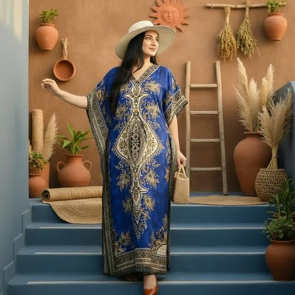 Women's Kaftan Dress – Loose Fit Maxi Gown – Kimono Style Beach Cover Up – Elegant Resort Wear and Nightwear - color: Blue